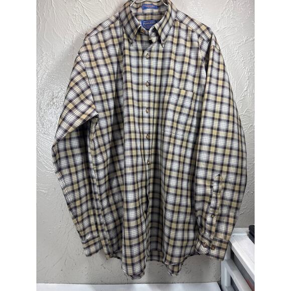Pendleton Virgin Wool Stewart Camel Tartan Long Sleeve Button Shirt Large Long - Picture 1 of 6